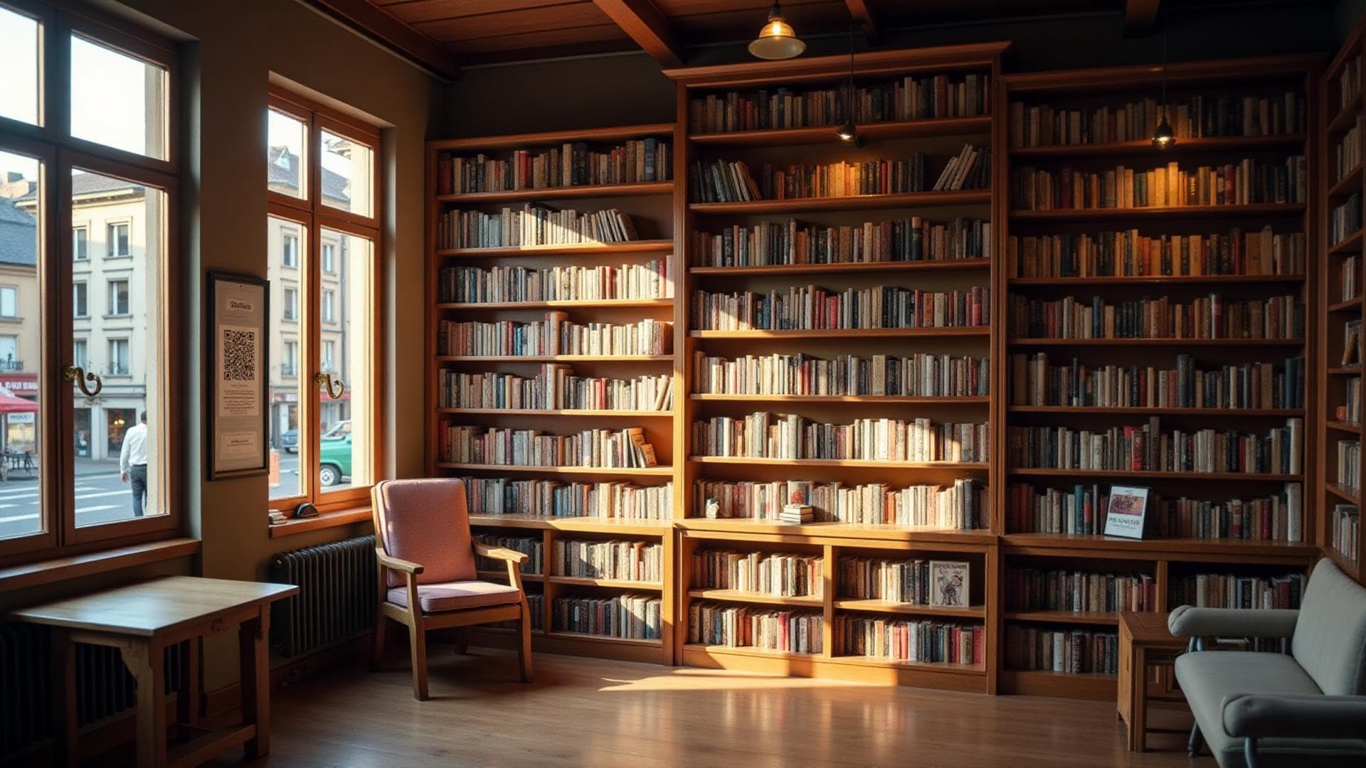 Librairie chaleureuse avec étagères remplies de livres